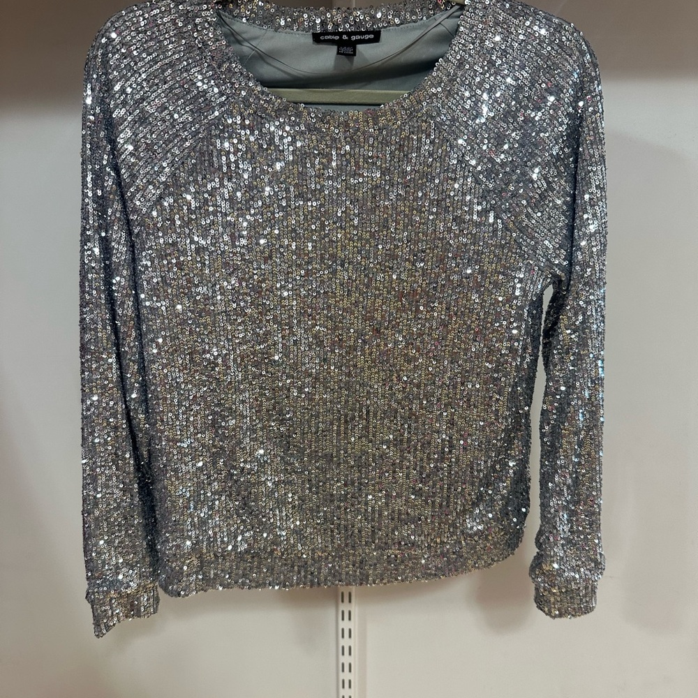 Cable & Gauge Silver Sequin Long-Sleeve Sweatshirt